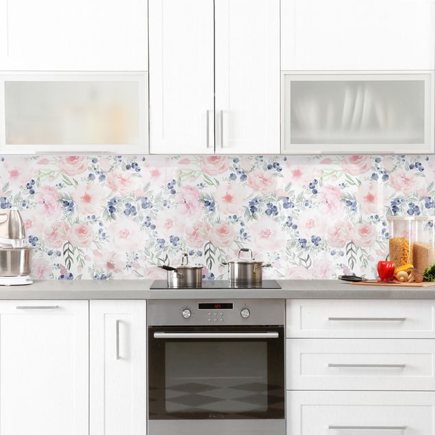 Küchenrückwand Folie Blumen Rosa Rosen mit Blaubeeren vor Weiß I
