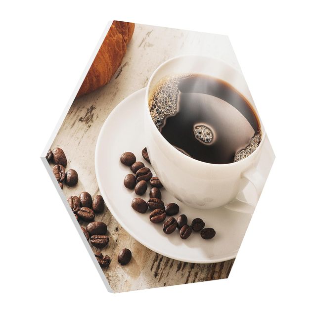 Foto auf Hartschaumplatte Dampfende Kaffeetasse mit Kaffeebohnen