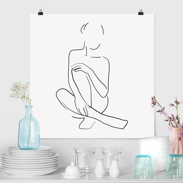Küche Dekoration Line Art Frau sitzt Schwarz Weiß