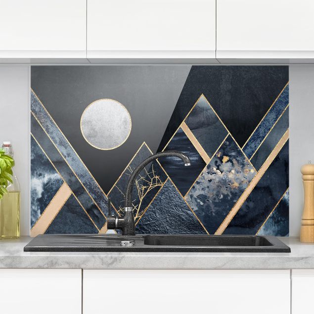Wanddeko Küche Goldener Mond abstrakte schwarze Berge