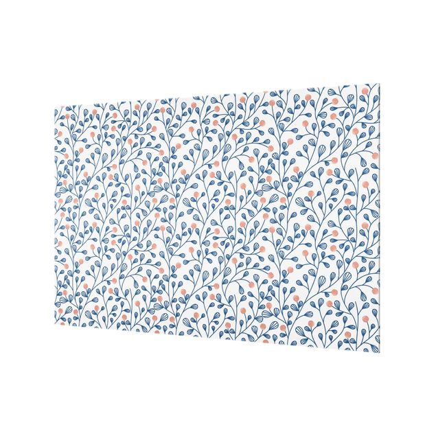 Spritzschutz Glas - Blaues Pflanzen Muster mit Punkten in Rosa - Querformat 3:2