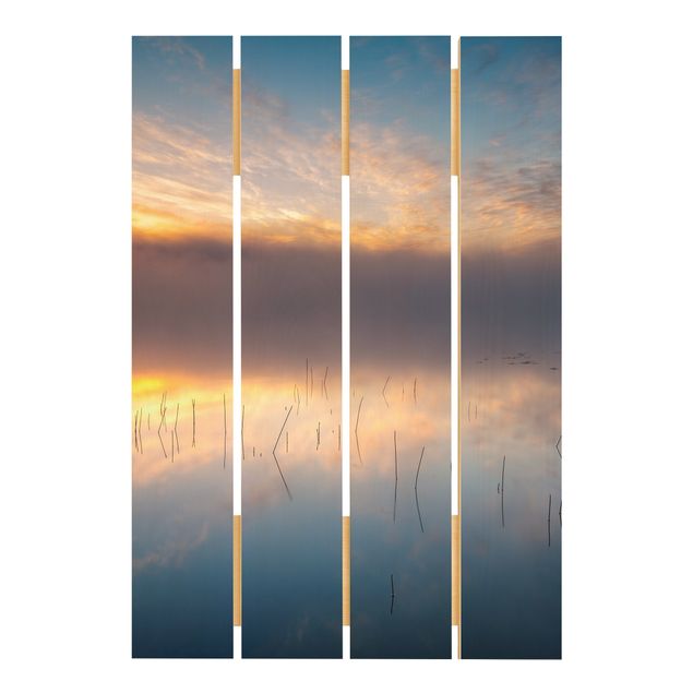 Wandbild Holz Sonnenaufgang schwedischer See