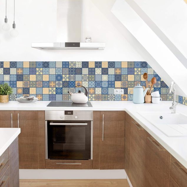 Küchenrückwand Folie Fliesenoptik Sonnig Mediterrane Fliesen mit blauen Fugen II