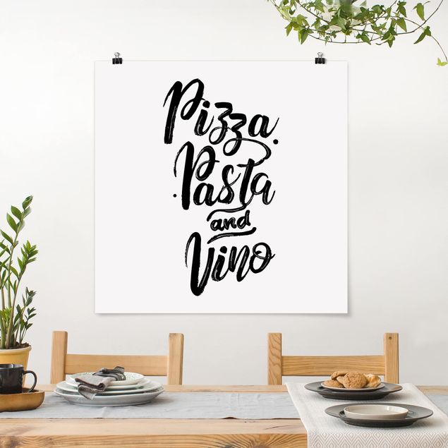 Poster schwarz-weiß Pizza Pasta und Vino
