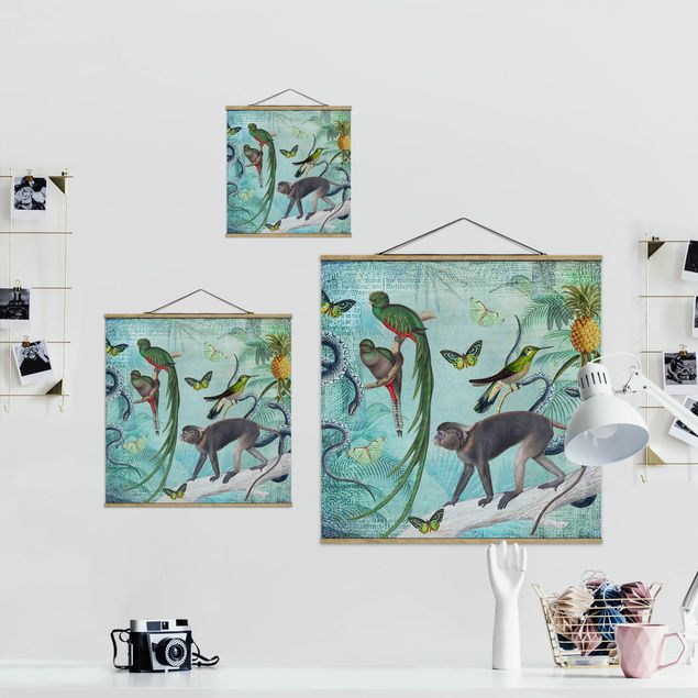 Wandbilder Grün Colonial Style Collage - Äffchen und Paradiesvögel
