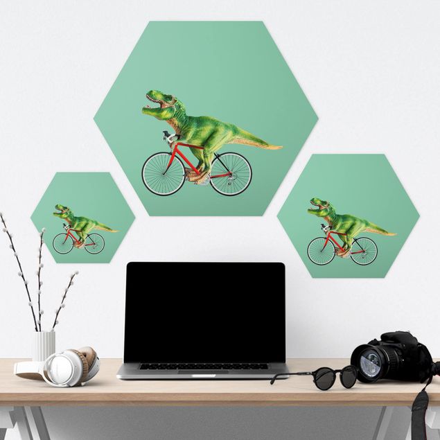 Hexagon Bilder Dinosaurier mit Fahrrad