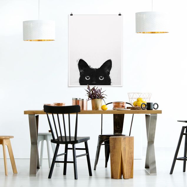 Poster schwarz-weiß Fotografie Illustration Schwarze Katze auf Weiß Malerei