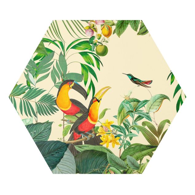 Wandbilder Kunstdrucke Vintage Collage - Vögel im Dschungel