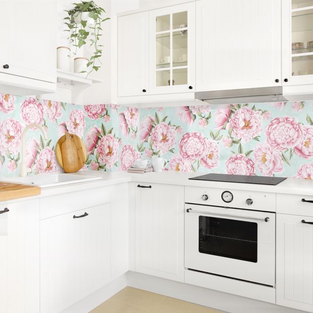Glasrückwand Küche Rosa Blumen auf Mint als Aquarell