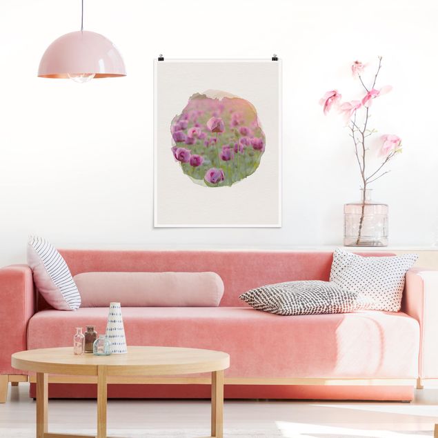Blumen Poster Wasserfarben - Violette Schlafmohn Blumenwiese im Frühling