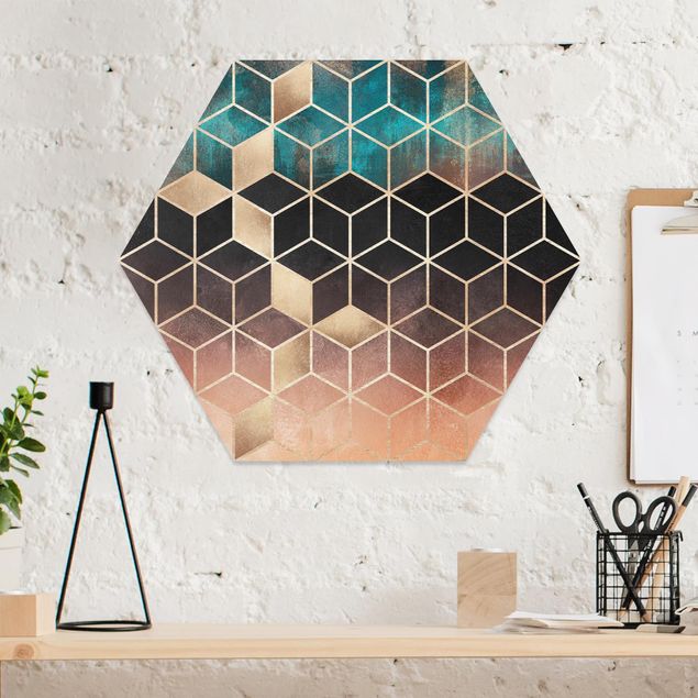 Wandbilder 3D Türkis Rosé goldene Geometrie