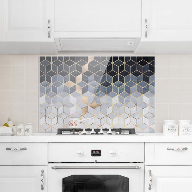 Glasrückwand Küche Muster Blau Weiß goldene Geometrie