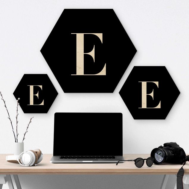 Hexagon Bild Holz - Buchstabe Serif Schwarz E