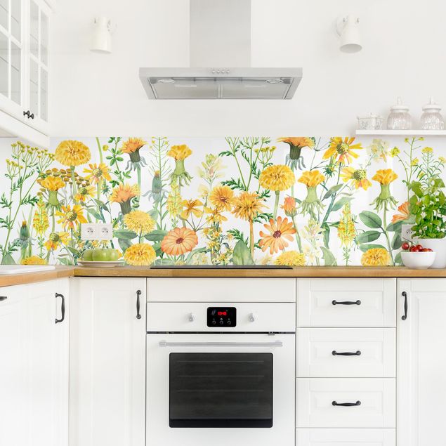 Spritzschutz Küche Glas Aquarellierte Blumenwiese in Gelb