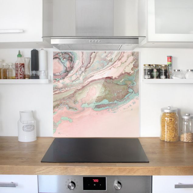 Küchenspiegel Glas Farbexperimente Marmor Rose und Türkis