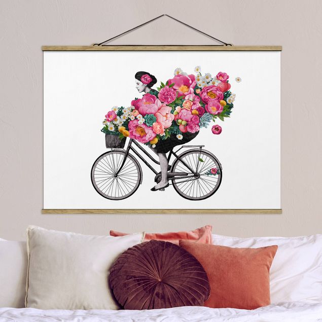 Wanddeko Küche Illustration Frau auf Fahrrad Collage bunte Blumen