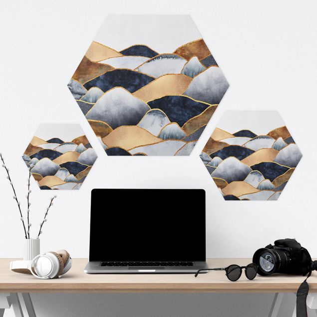 Hexagon Bilder Goldene Berge Aquarell