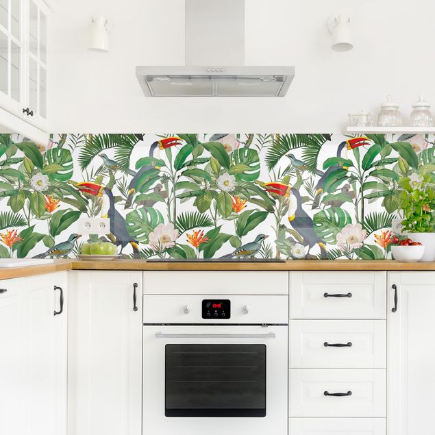 Spritzschutz Küche Glas Tropischer Tukan mit Monstera und Palmenblättern