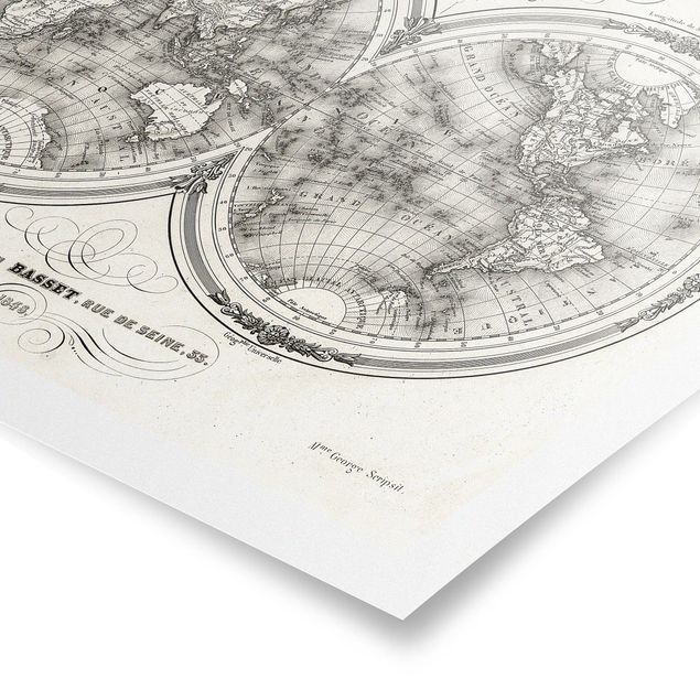 Wandbilder Schwarz-Weiß Weltkarte - Französische Karte der Hemissphären von 1848