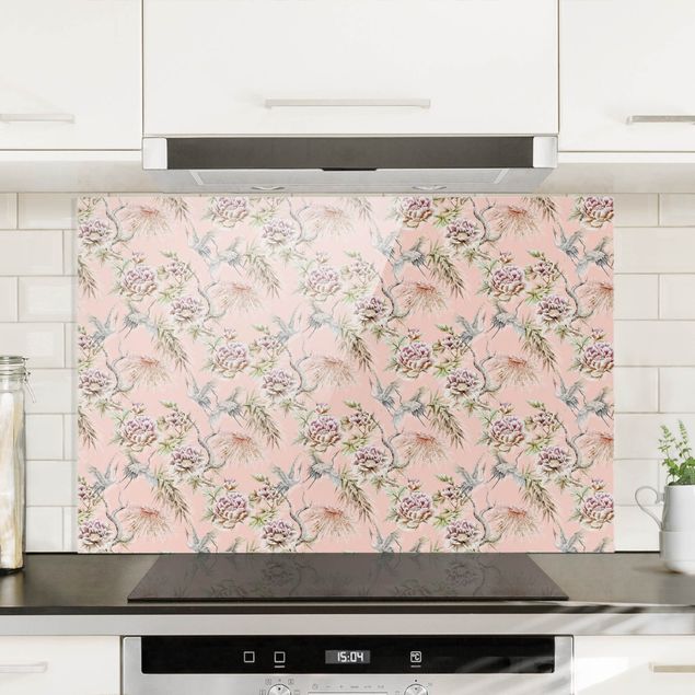 Wanddeko Küche Aquarell Vögel mit großen Blüten vor Rosa