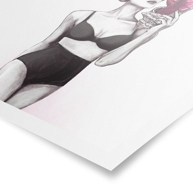 Poster Tiere Illustration Frau in Unterwäsche Schwarz Weiß Oktopus