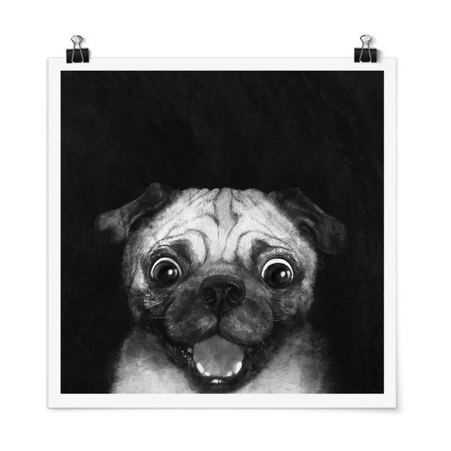 Poster Kunstdruck Illustration Hund Mops Malerei auf Schwarz Weiß