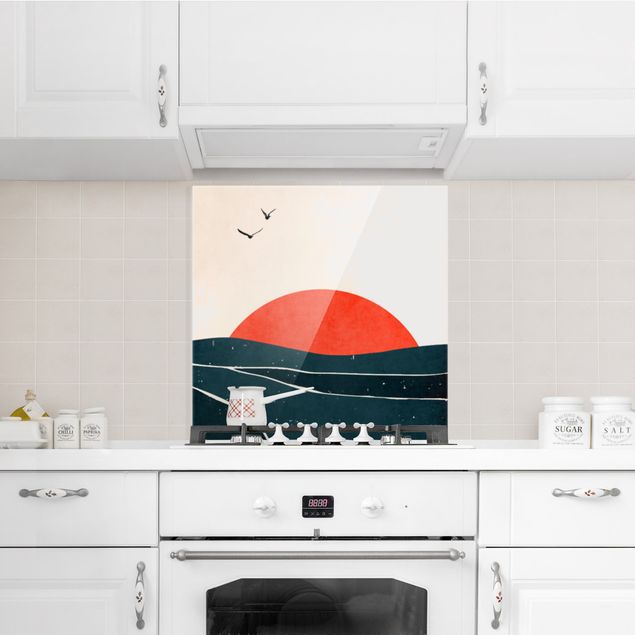 Glasrückwand Küche Meer vor rotem Sonnenuntergang