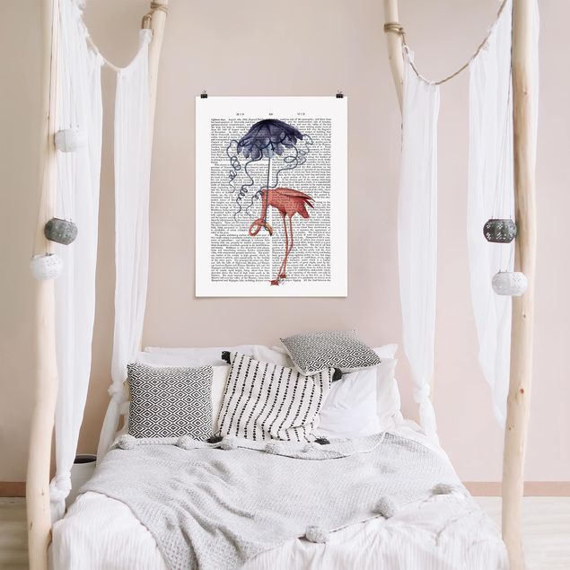 Poster mit Sprüchen Tierlektüre - Flamingo mit Regenschirm