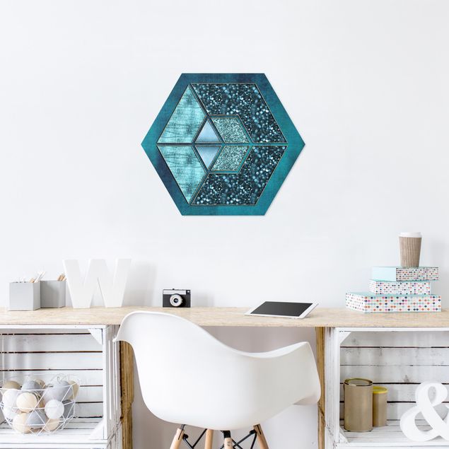 Wandbilder Muster Blaues Hexagon mit Goldkontur