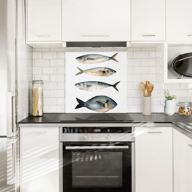 Spritzschutz Küche Glas Vier Fische in Aquarell I
