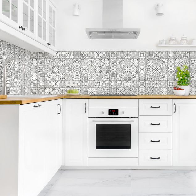 Küchenrückwand Folie Fliesenoptik Musterfliesen Grau Weiß