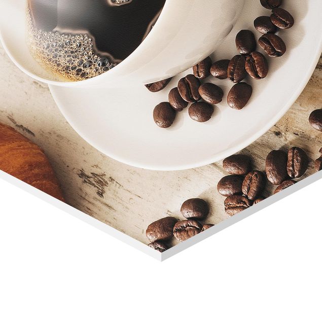 Hexagon Bild Forex - Dampfende Kaffeetasse mit Kaffeebohnen