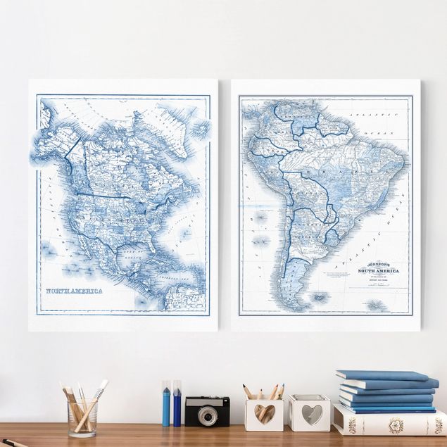 Küche Dekoration Karten in Blautönen Nord- und Südamerika Set I