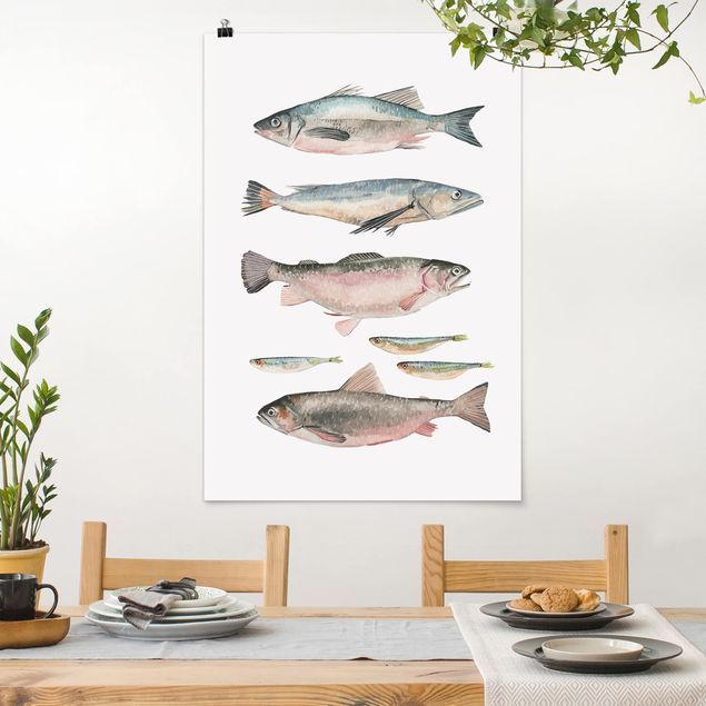 Küchen Deko Sieben Fische in Aquarell I