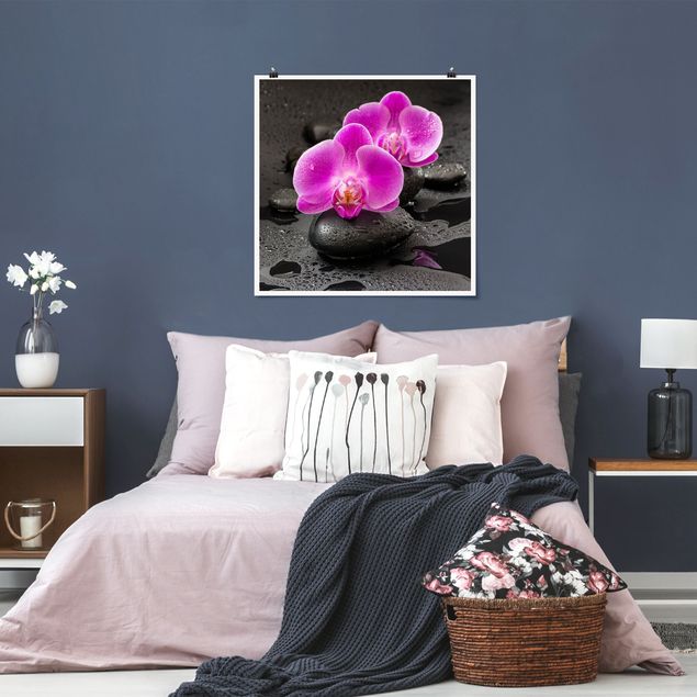 Kunstkopie Poster Pinke Orchideenblüten auf Steinen mit Tropfen