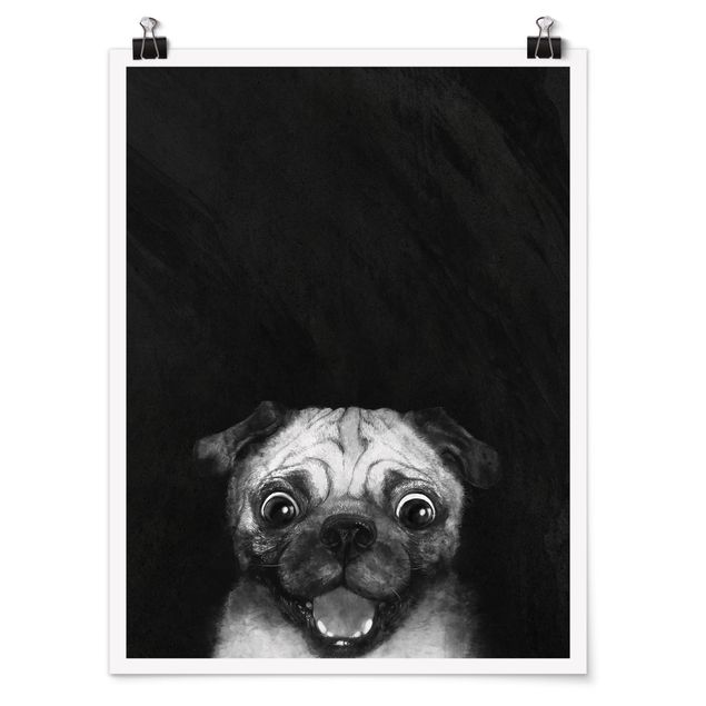 Poster Kunstdruck Illustration Hund Mops Malerei auf Schwarz Weiß