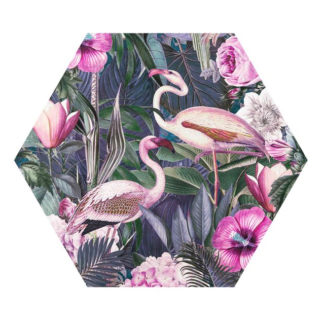 Wandbilder Kunstdrucke Bunte Collage - Pinke Flamingos im Dschungel