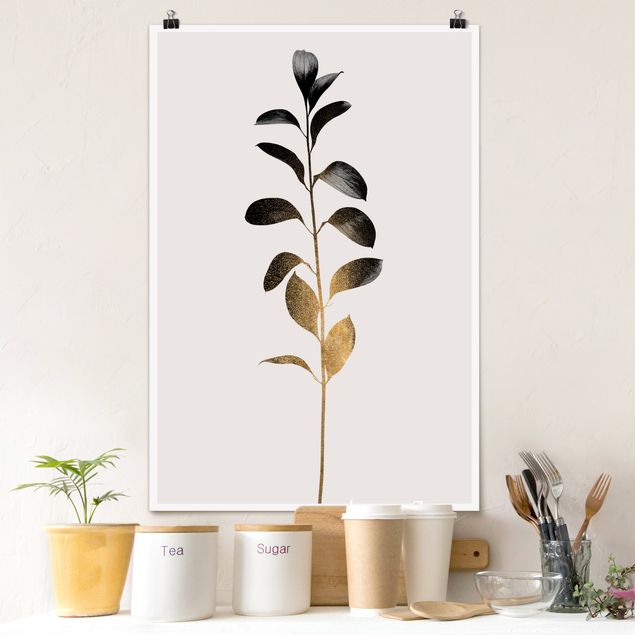 Wanddeko Küche Grafische Pflanzenwelt - Gold und Grau