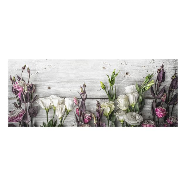 Spritzschutz Küche Glas Tulpen-Rose Shabby Holzoptik
