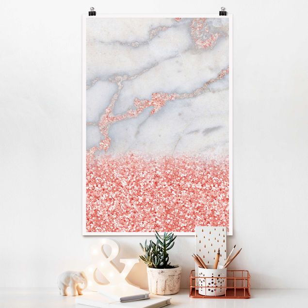 Wanddeko Küche Mamoroptik mit Rosa Konfetti