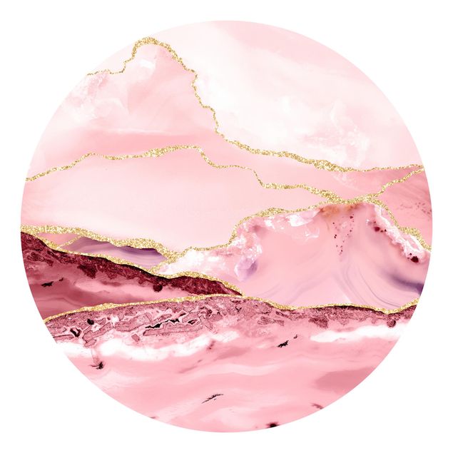 Steinoptik Tapete Abstrakte Berge Rosa mit Goldenen Linien