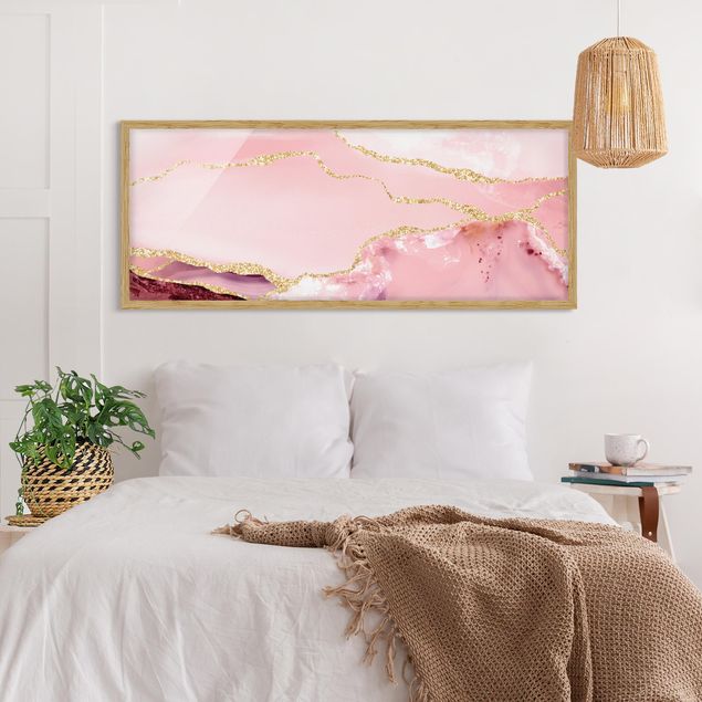Wandbilder Kunstdrucke Abstrakte Berge Rosa mit Goldenen Linien