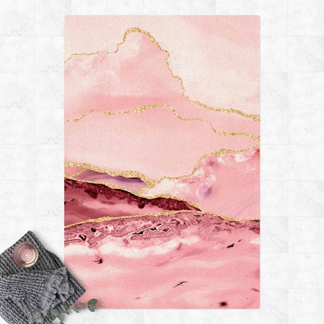 Moderner Teppich Abstrakte Berge Rosa mit Goldenen Linien