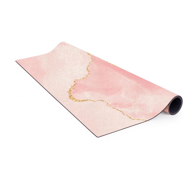 Teppich Esszimmer Abstrakte Berge Rosa mit Goldenen Linien