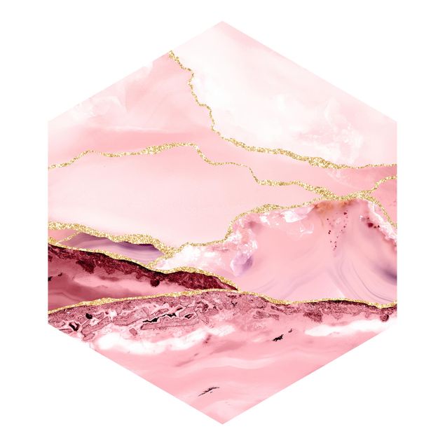 moderne Fototapete Abstrakte Berge Rosa mit Goldenen Linien