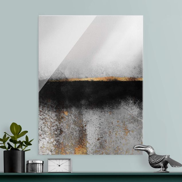 Glasbilder Schwarz-Weiß Abstrakter Goldener Horizont Schwarz Weiß
