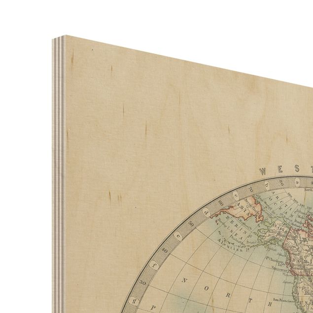 Holzbilder Vintage Weltkarte Die zwei Hemispheren