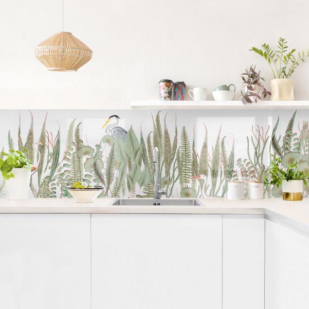 Spritzschutz Küche Glas Flamingo und Storch mit Pflanzen