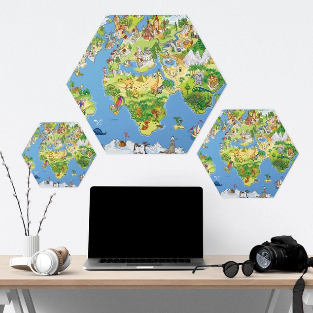 Hexagon Bild Alu-Dibond - Great and funny Worldmap