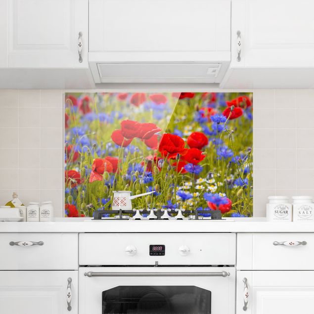 Glasrückwand Küche Blumen Sommerwiese mit Mohn und Kornblumen